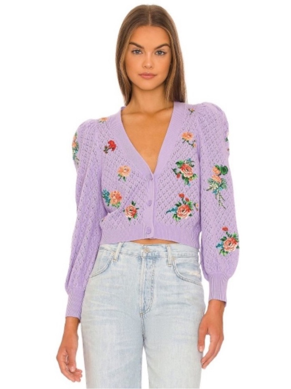 NWT $495 Alice + Olivia Morita Lavender Multi Floral V-Neck Cardigan